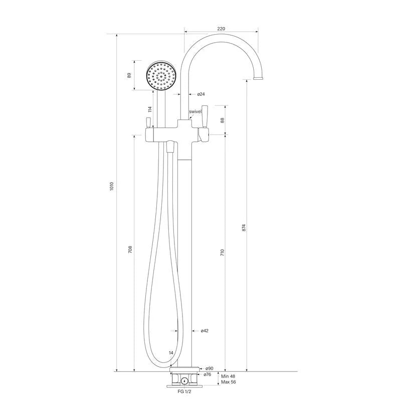 Bremont Floor Bath Mixer Curve W. 90Rnd Handshower