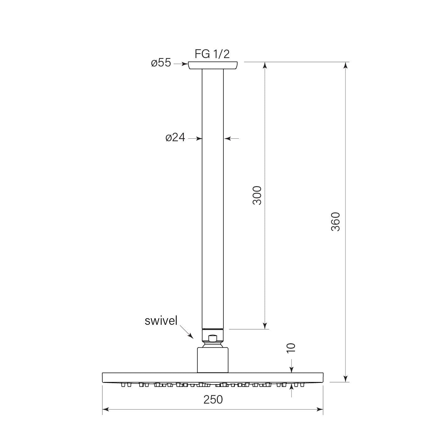 Bremont Overhead Shower, 300mm Drop and 250mm Shower Head