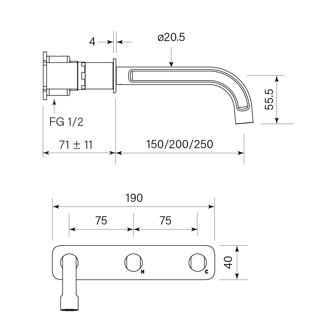 Figura Form Wall Tap Set including 150mm Spout