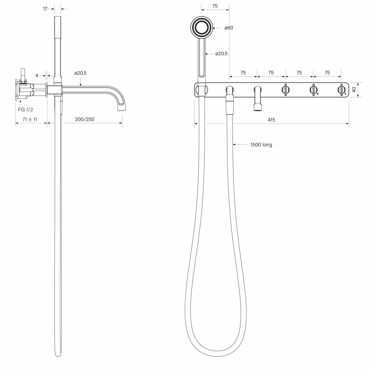 Figura Key Wall Bath & Shower Tap System 200mm Spout Including Hand Shower