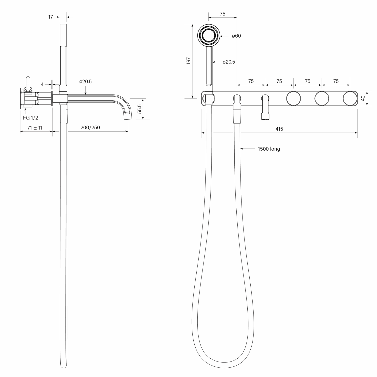 Figura Disc Wall Bath & Shower Tap System 250mm Spout including Hand Shower
