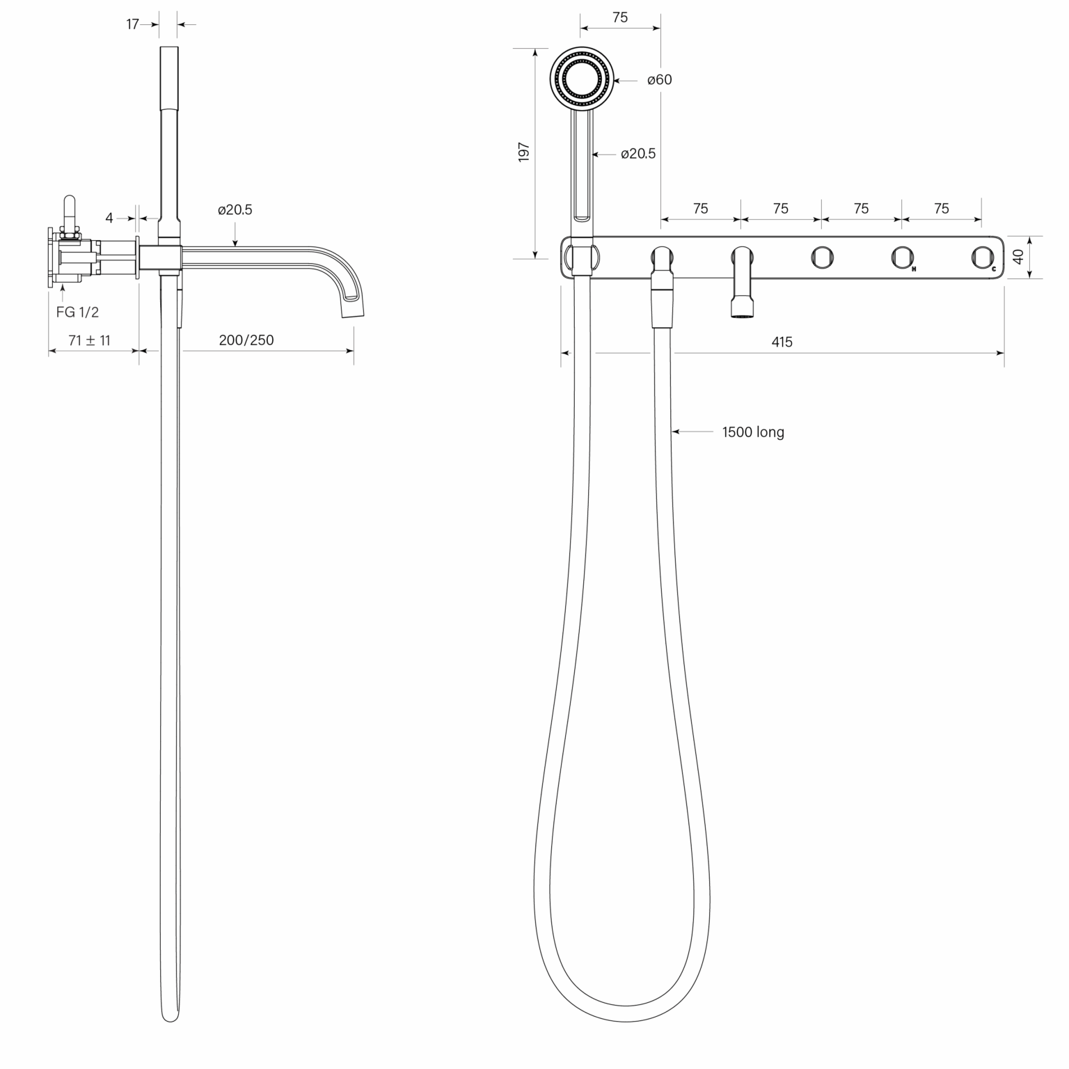 Figura Form Wall Bath & Shower Tap System 200mm Spout Including Hand Shower
