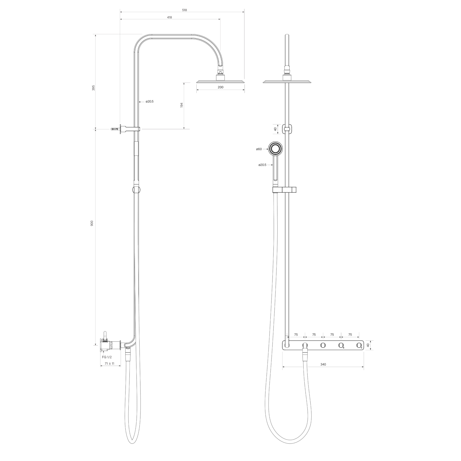 Figura Form Wall Dual Shower Tap System including Tap Set Overhead Shower and Handshower