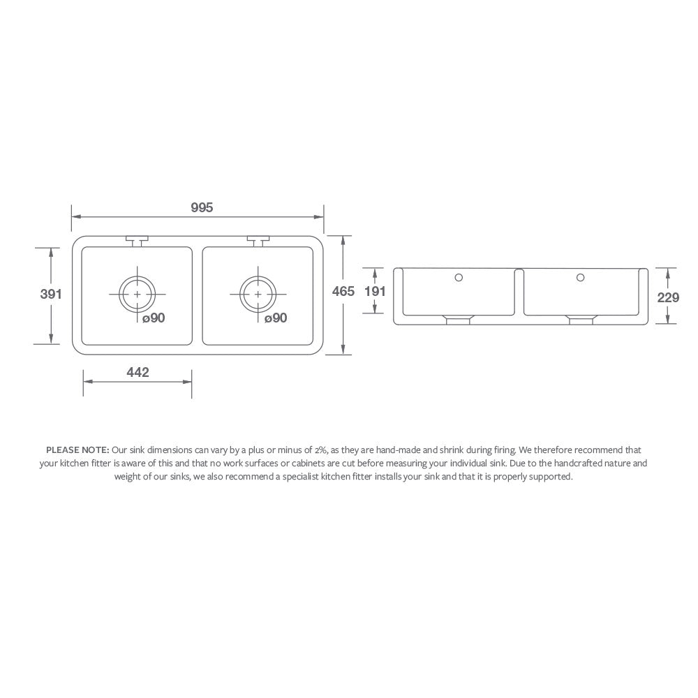 Shaws Double Bowl 1000mm Fireclay Butlers Sink